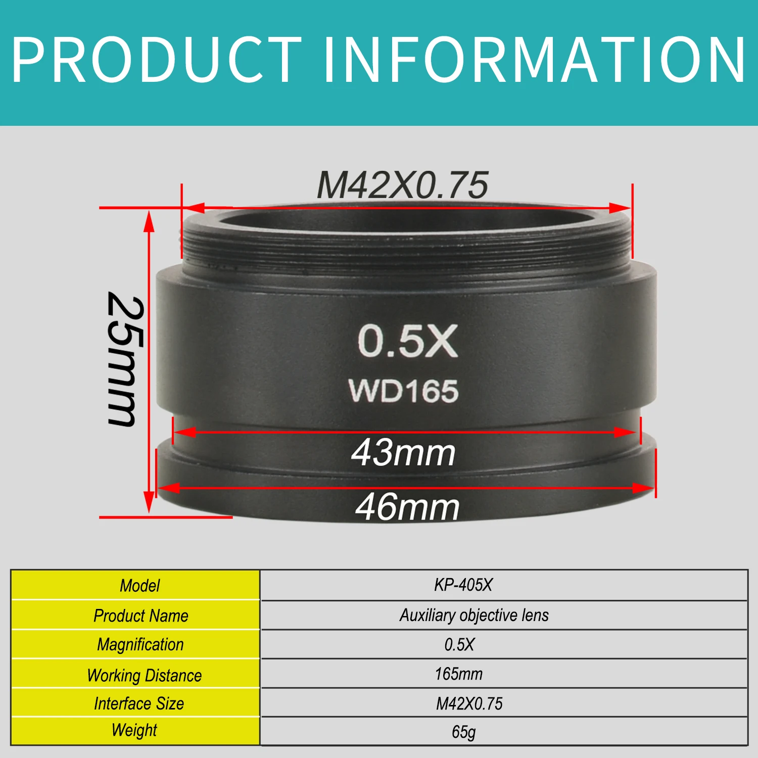Objetivo auxiliar del microscopio KOPPACE 0.5X, distancia de trabajo de 165 mm, tamaño de conexión 42 mm