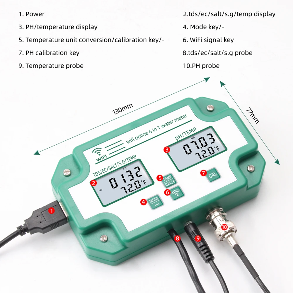 WIFI Smart Aquarium PH Meter Digital PH EC TDS SALT S.G Temp Water Quality Tester Tuya Monitor Control US/EU/UK Plug