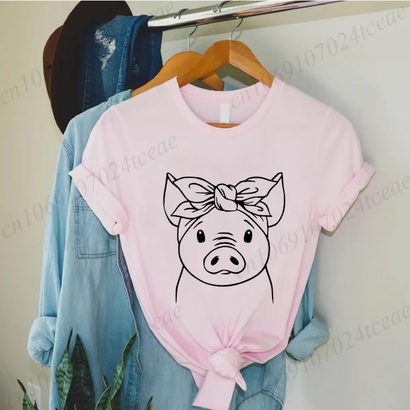 Y2k Cut Pig Print Women Summer T Shirt Girl O Neck Farmer Clothes Animal Lover Funny Y2K Tops Tee Female 90s Casual Clothing