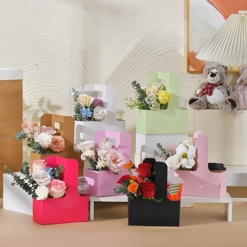 手持ちフラワーボックス-クラフト紙素材-花柄コーヒーボックス-記念品-バレンタインデー-花束包装-花-各種カラー