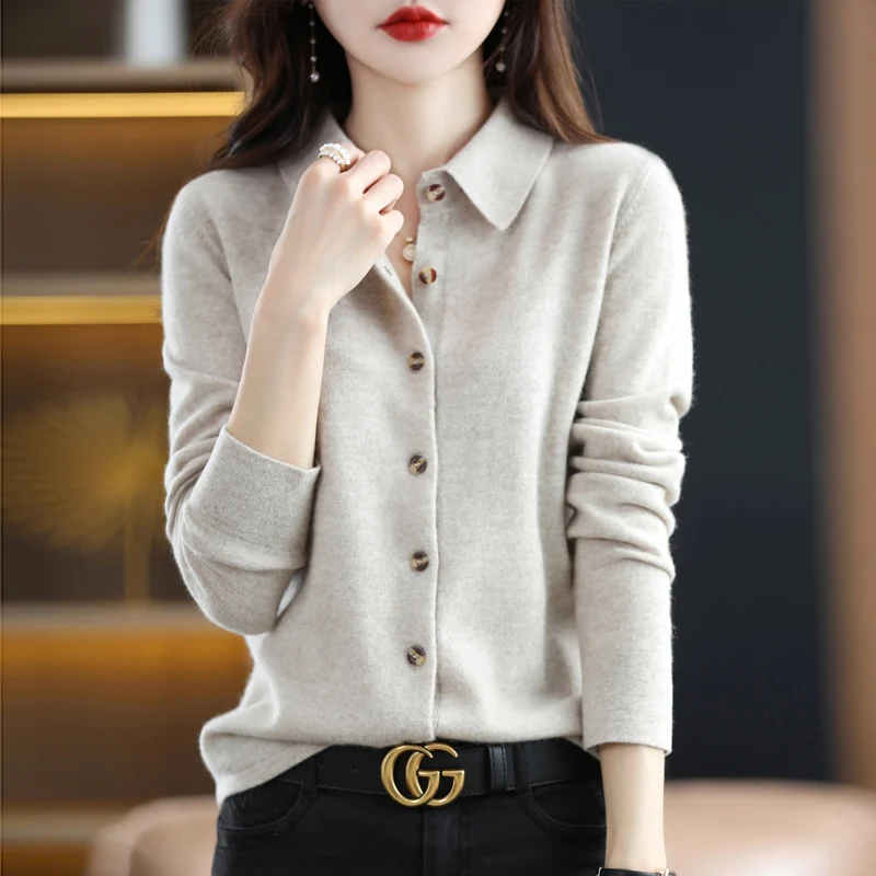 2024 Women's POLO Collar Knitted Cardigan Basic Versatile Top Spun Wool Jacket Elegant Single Breasted Sweater DMR430