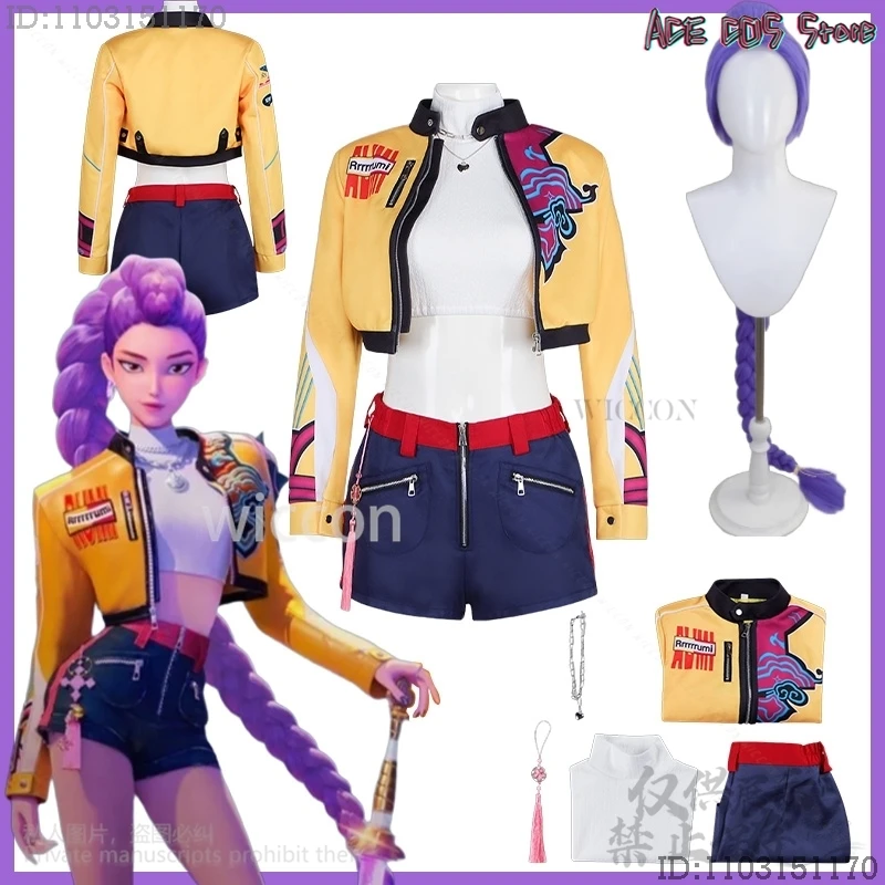 

Rumi Kpop Girl Group Cosplay Anime Movie Demon Singing Costume Yellow Punk Y2K Coat Short Pants Long Wigs Halloween Party Co HOT