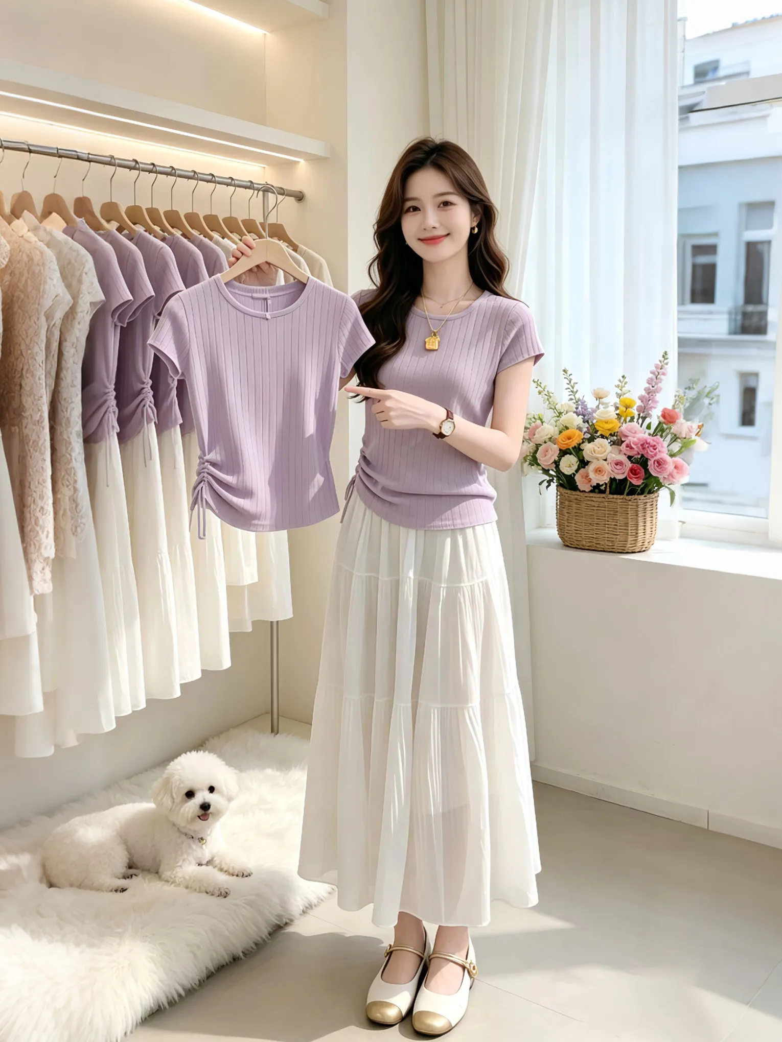 

Elegant Light Purple Short Sleeve Top And Skirt Set Slimming Waist Design Summer New Arrival Women's Fashion Ensemble