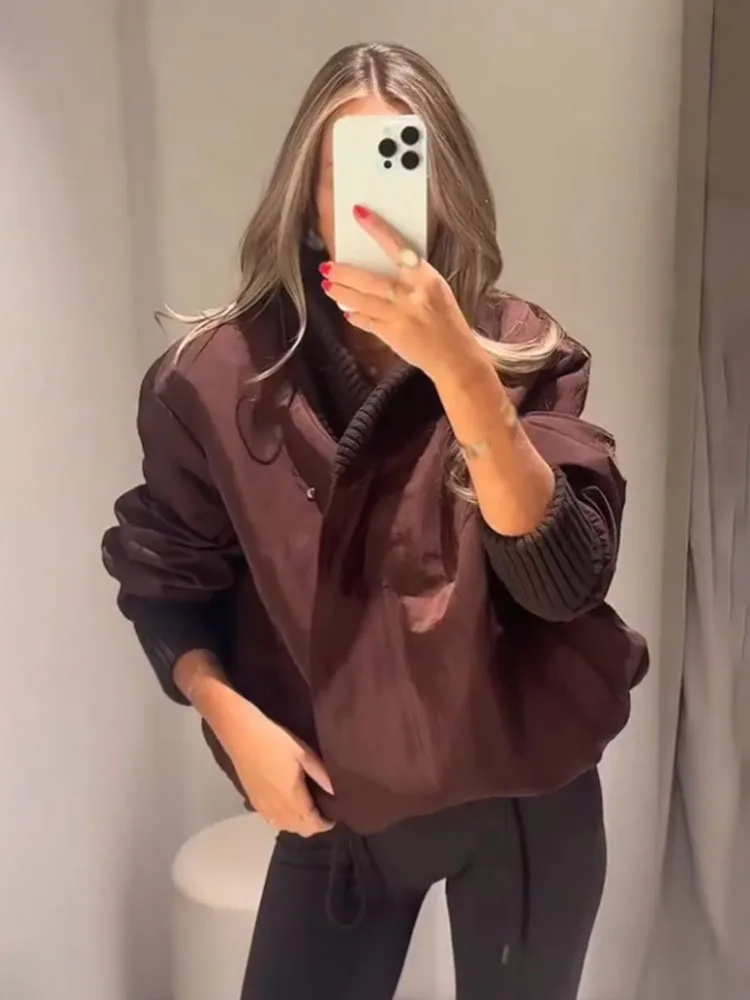 

Dark Brown Contrast Rib Knit Collar Padded Jacket Asymmetric Wrap Drawstring Hem Loose Fit Pocket Warm Winter Outerwear 202606H