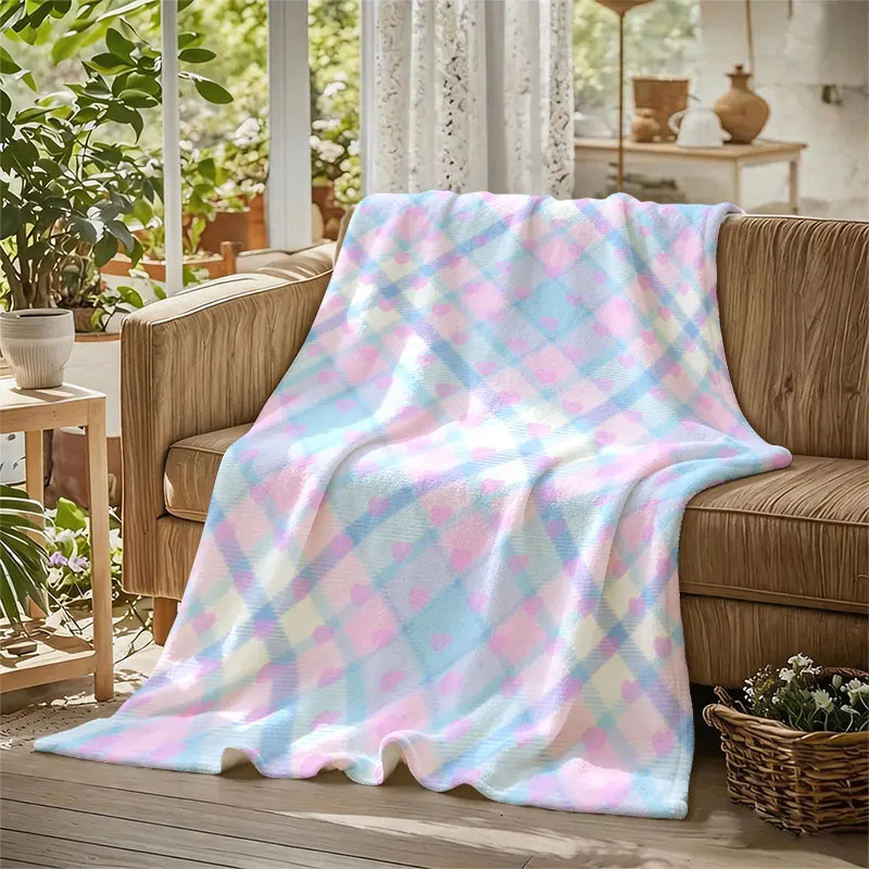 Pink Blue Heart Plaid Flannel Blanket Perfect for Sofa Office Bed Travel Sleep Read Relax Camping Four Season Use