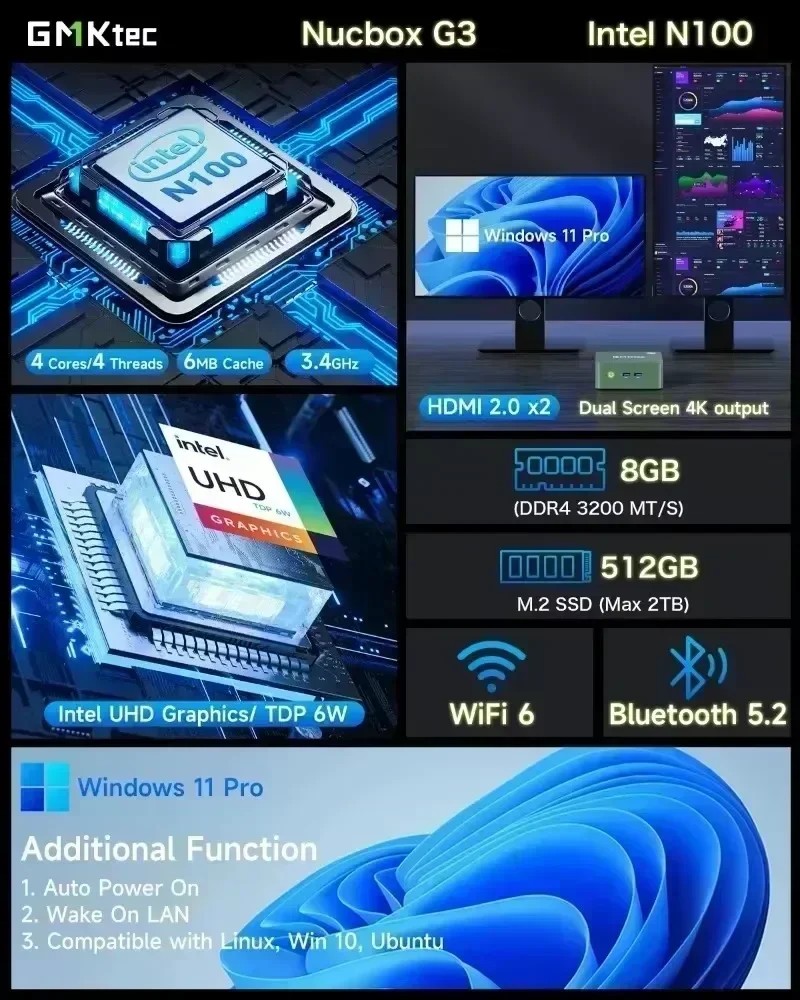 GMKtec G3 PLUS MINI PC نسخة محدثة Twin Lake N150 Windows 11 Pro DDR4 M.2 2280 NVMe SSD PCIE 3.0 WIFI6 BT5.2 4K@60H كمبيوتر صغير