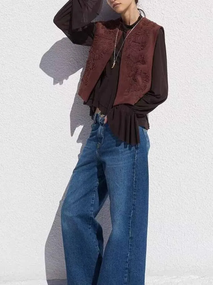 

Европейский и американский стиль, осенняя новая мода, простая женская одежда, замшевый жилет с вышивкой и круглым вырезом, жилет