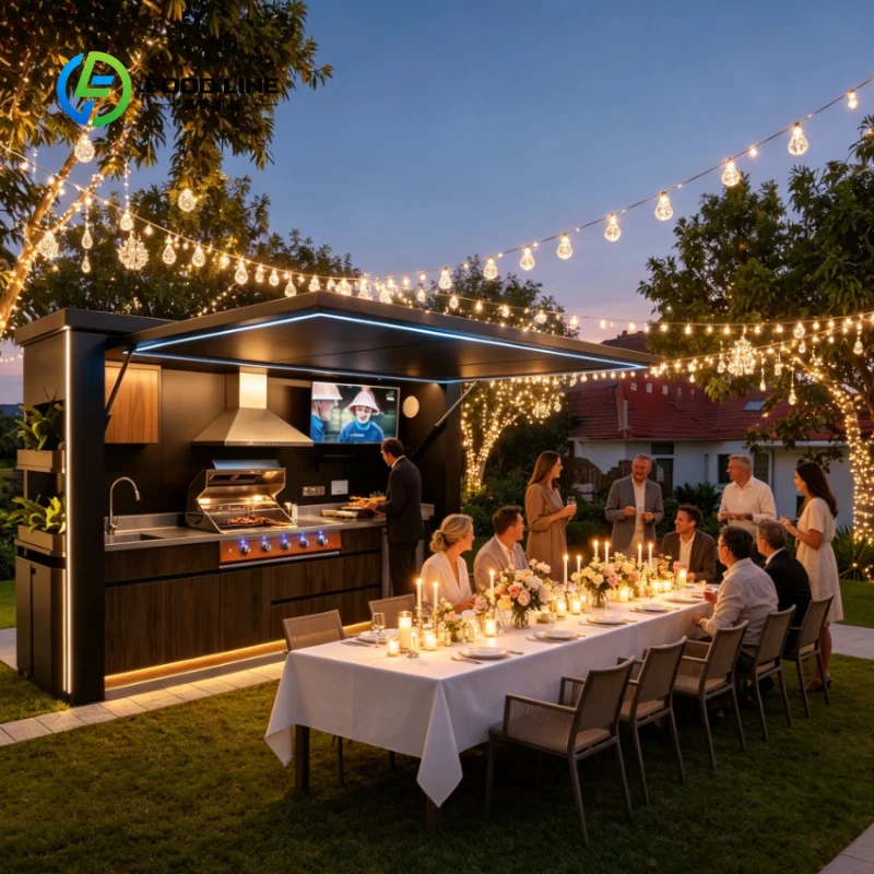 Customized Black Outdoor Kitchen Cabinet with Shed Camping Modular Outdoor Kitchen with Full Equipped Grill and Fridge