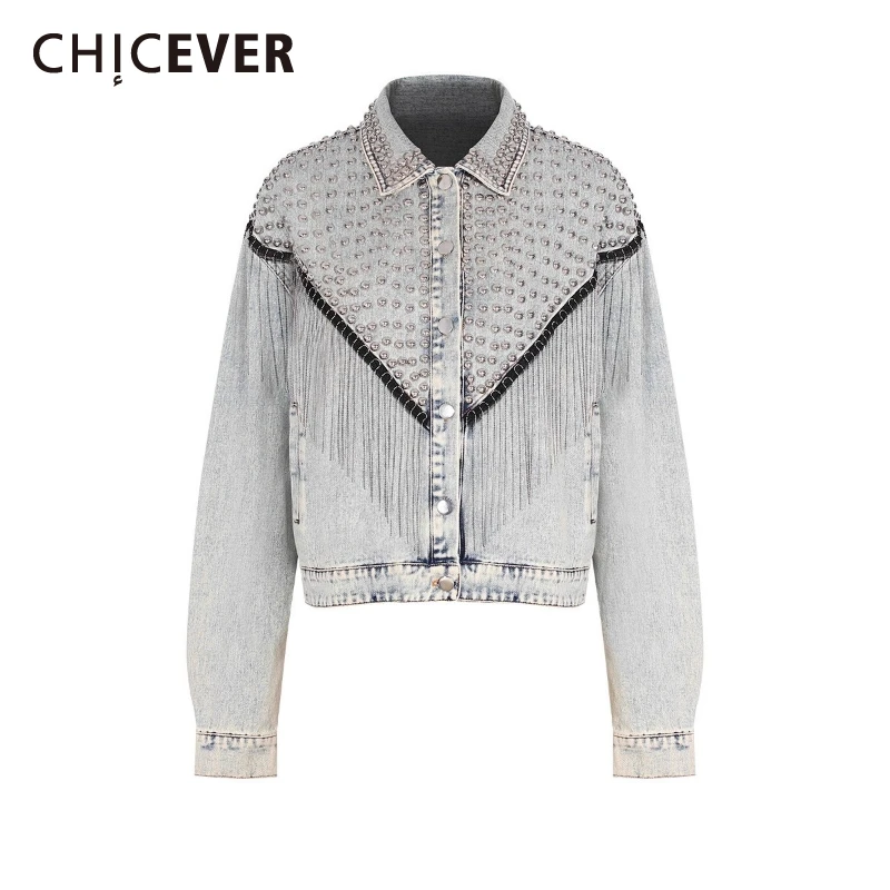 

CHICEVER светло-голубая шикарная куртка с кисточками, женская уличная одежда с лацканами и длинными рукавами, свободные женские куртки, осенняя модная стильная новинка