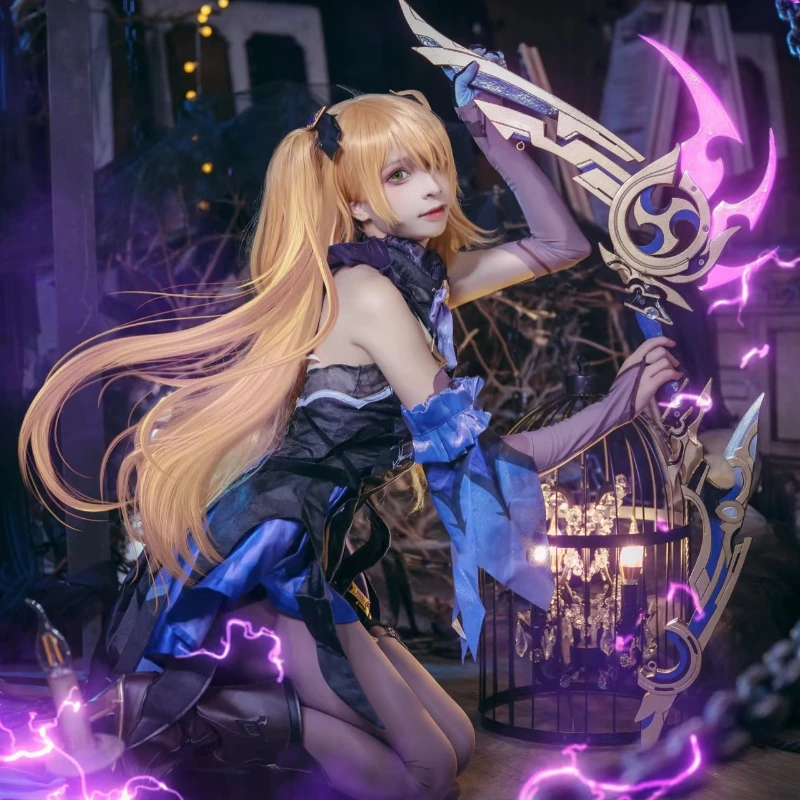 أزياء لعبة Genshin Impact Fischl التأثيرية أزياء Prinzessin الموحدة على طراز الرسوم المتحركة للنساء شعر مستعار ذهبي مجموعة كاملة من موافعات حفلات الهالوين