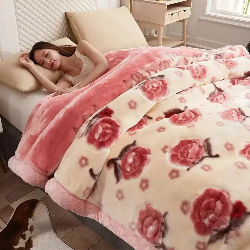 Raschel Double Layer Winter Thick Plush Blanket Multifunctional Soft and Warm Winter Blankets Flower Printed Bed Blanket Mantas