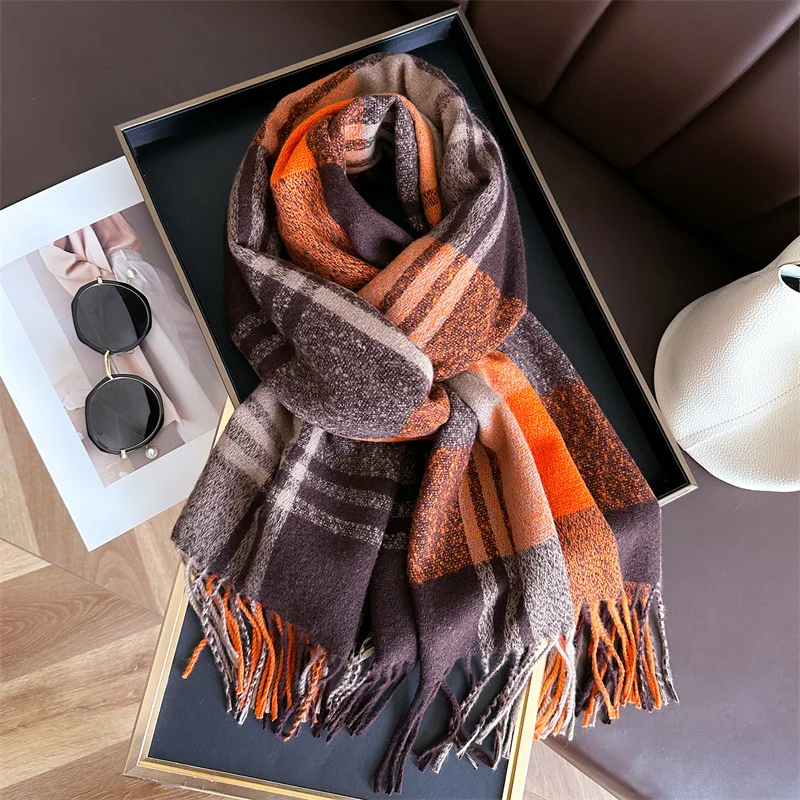 Imitation Cashmere Gradient Plaid Warm Shawl Winter Fashion Versatile Tassel Women Scarf Pashmina Wrap Neckerchief