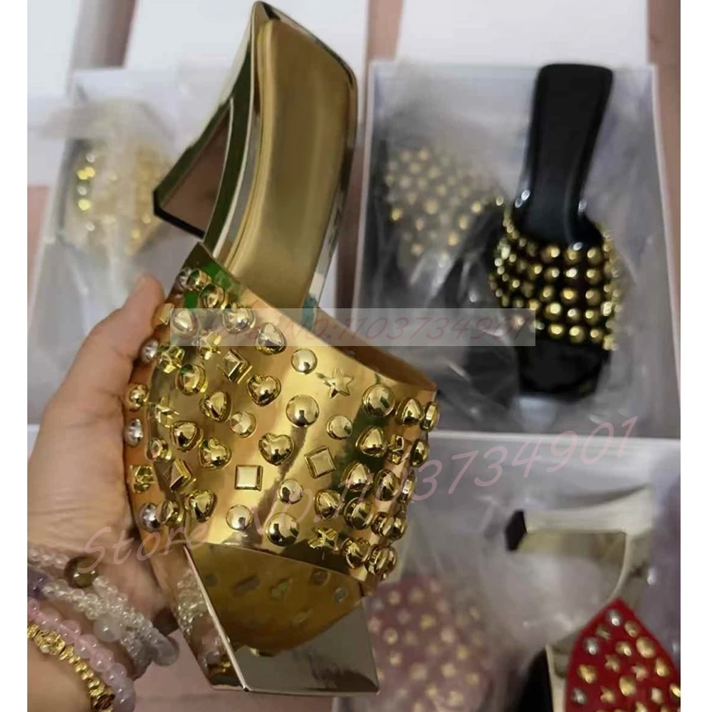 Gold Studs Chunky Block Heel Mules Women Low Platform Square Toe Metallic Star Rivet Mules Dress Party High Heel Slip On Sandals