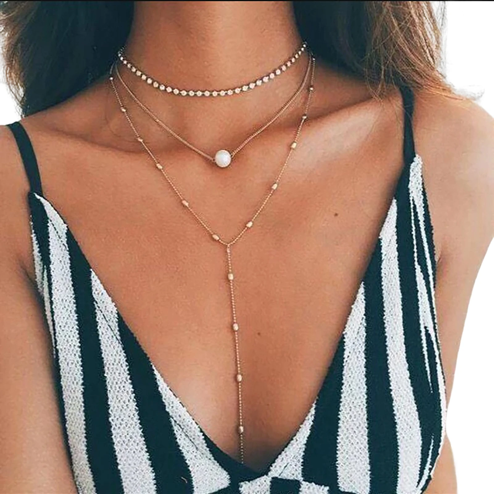 Tassel Pendant Long Chain Necklace Multi-layer Pearl Skin-friendly Elegant Necklace Gift Jewelry Costume Accessory