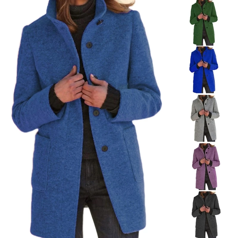 

Women's Stand Collar Overcoat Single Breasted Pockets Winter Long Coat Jackets