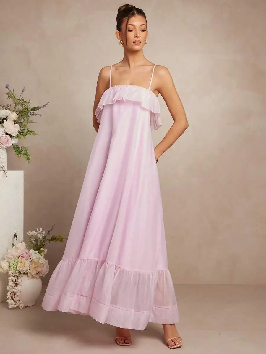 

Elegant Pastel Baby Pink Sleeveless Flowy Ruffle Tier Maxi Dress For Women