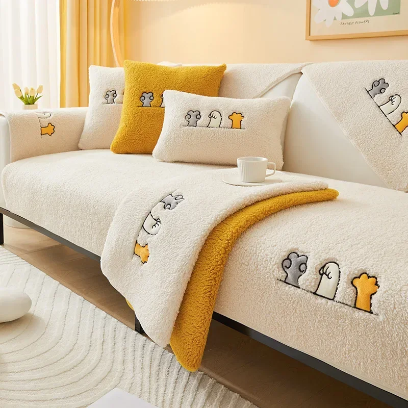 Winter Warm Lambs Velvet Sofa Towel Nordic Thick Plush Non-slip Sofa Cover for Living Room Sectional L-shaped Couch Covers