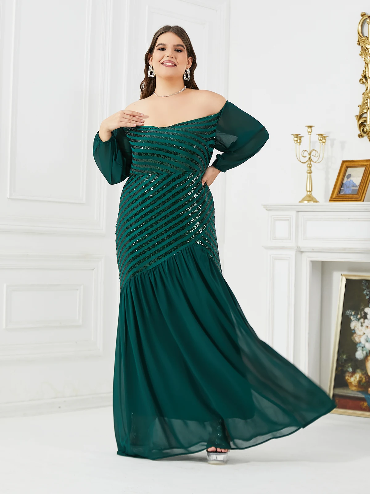 Women Plus Size Evening Dresses Strapless Sequins Splicing Party Dresses 2023 New Sexy Green Wedding Dress Large Size Female