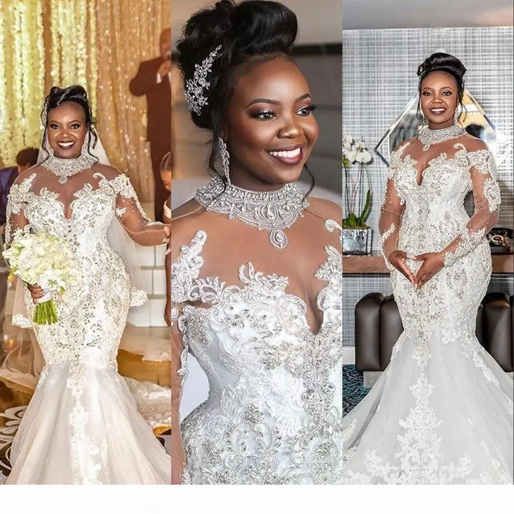 Customized African Mermaid Dresses High Neck Sheer Long Sleeves Lace Crystal Beaded Bridal Wedding Gowns Robe De Mariee