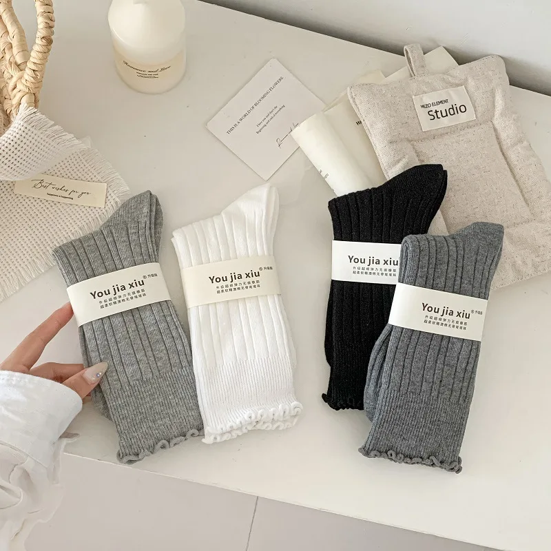 7 paires de chaussettes blanches mi-mollet pour femmes, en coton, Coquette, chaudes, à volants, de haute qualité, printemps, automne et automne et hiver