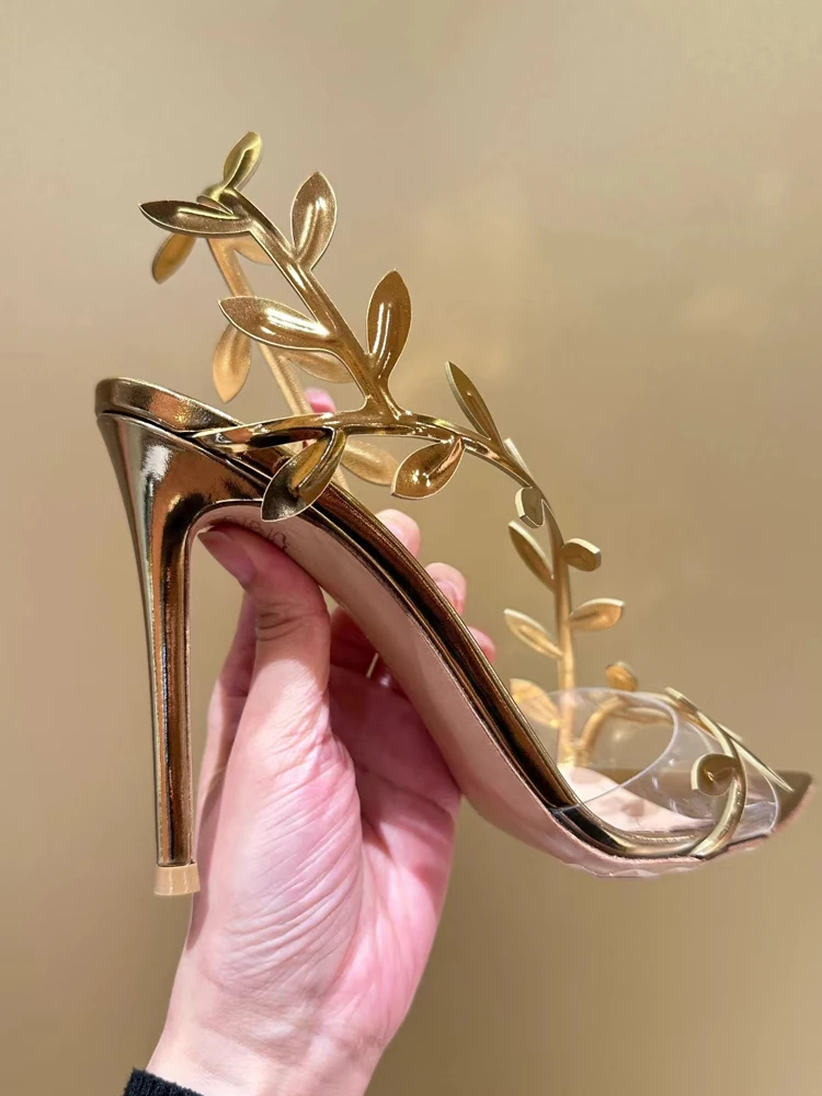 

Golden patent leather leaf high-heeled shoes for women,new style with a straight strap,thin heel,pointed toe,exposed toe sandals