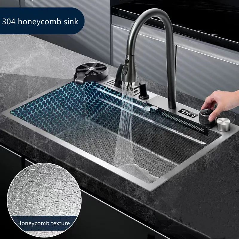 

Kitchen Waterfall Sinks Honeycomb Embossed Stainless Steel Sink Hydraulic Power Digital Display Faucet 304 Large Single Sink