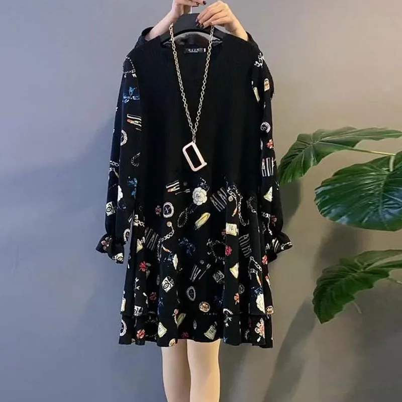 Long Sleeve Loose Patchwork Vintage Dress Female Fashion Casual Printing Round Neck Midi Dresses Women's Clothing Spring Summer