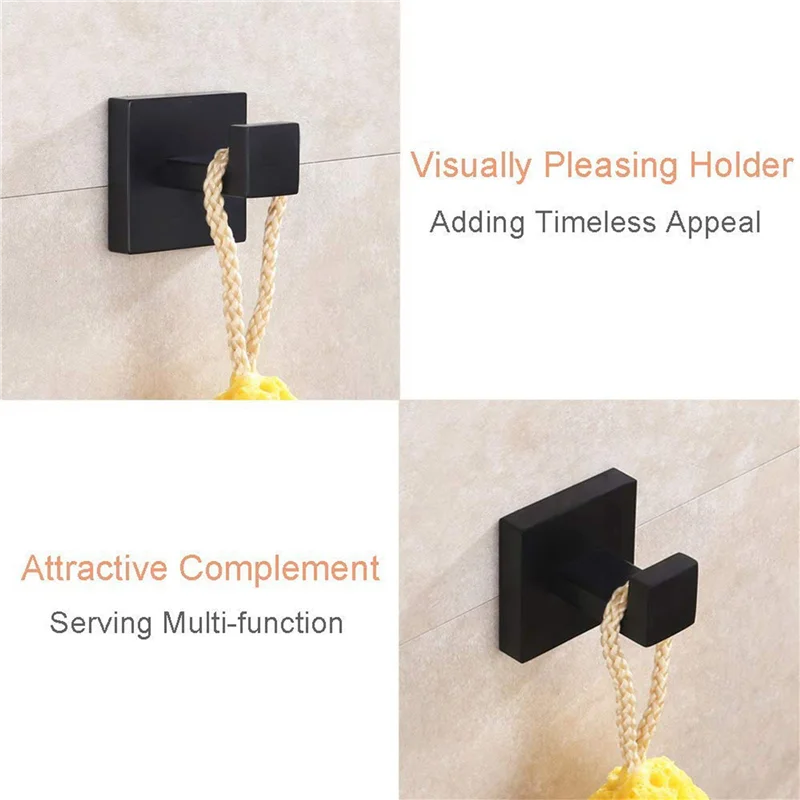 

LLCS-2 Pack Matte Black Towel Hook Stainless Steel Bathroom Rust Proof Clothes Towel Coat Hook Wall Mounted Square Toilet Kitche