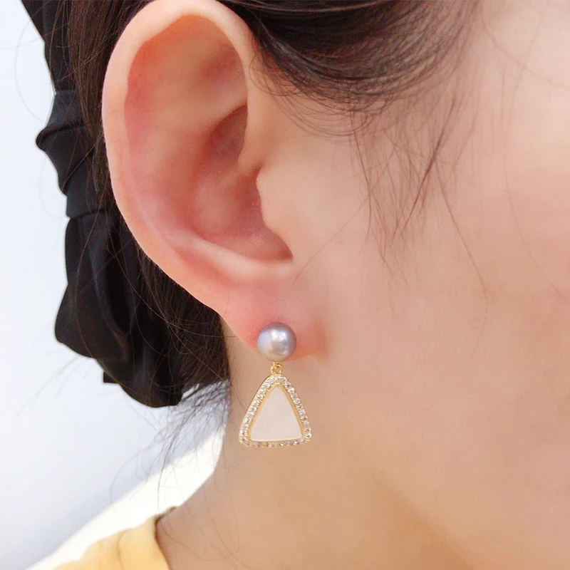 ZHBORUINI New 14K Gold Plated Natural Pearl Earrings 925 Silver Ear Needle Geometric Triangle Stud Earrings For Women Jewelry - view 6