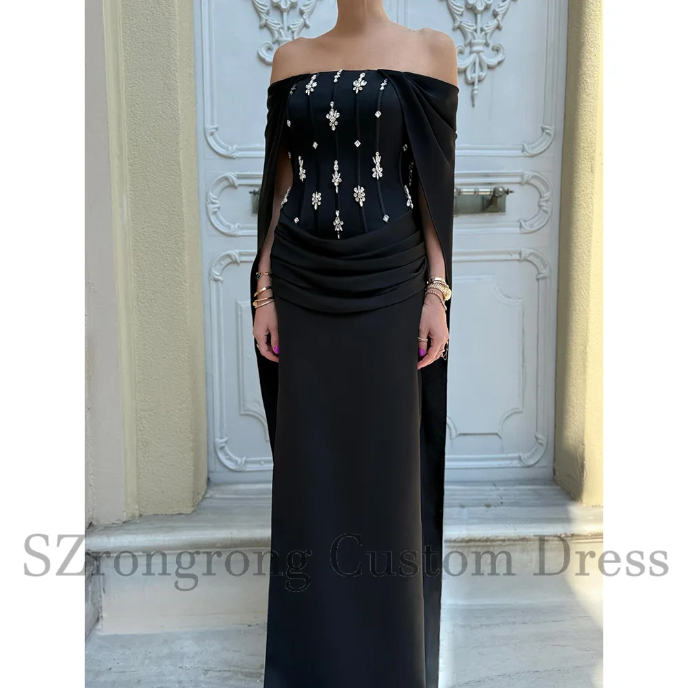

Classic Black Boat Collar Pleated Bridal Evening Gown Beading Crystal Sheath Backless Prom Party Dress for Women Custom Made