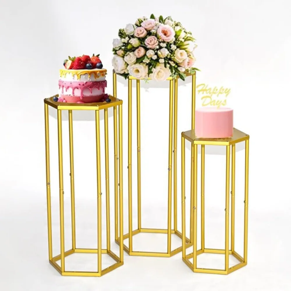 Gold Hexagon Pedestal Cylinder Stands Set of 3, Nesting Display Metal Plant and Table, Cake Stand