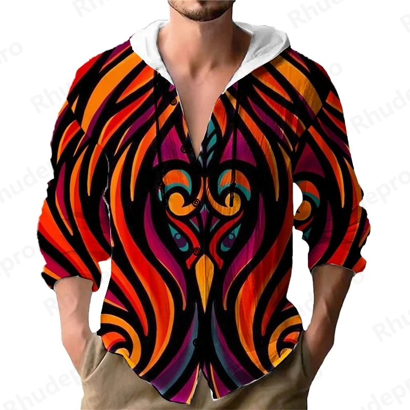 National Style Men 2025 Shirt Solid Streetwear Long Sleeve Hoodie Cardigan Clothing For Male Tops Casual Loose Y2k Clothes