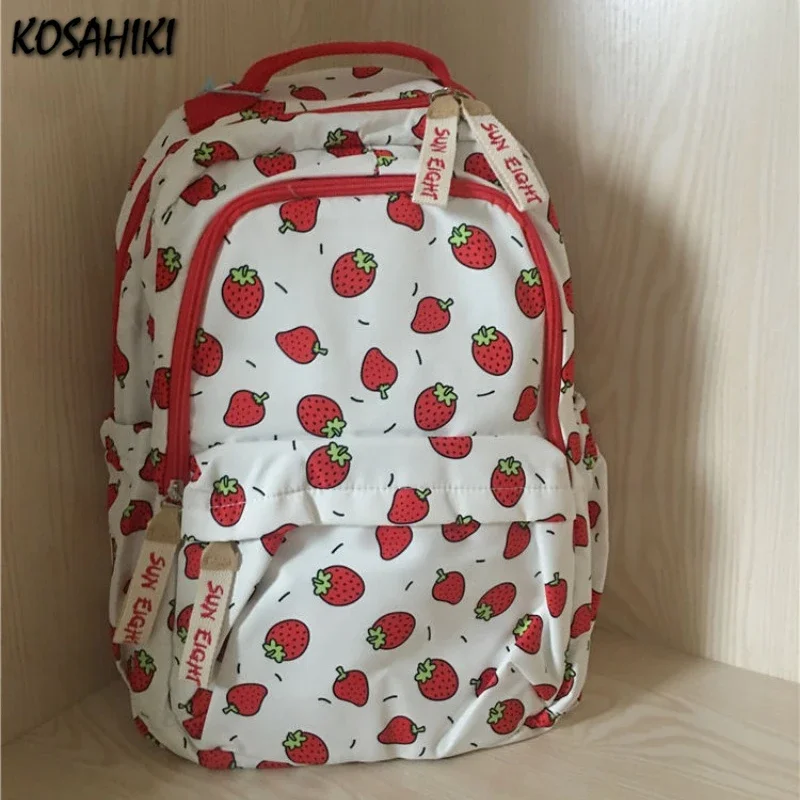 Mochila Kawaii con estampado de fresas para mujer, morral escolar de gran capacidad, estilo Harajuku, dulce y elegante