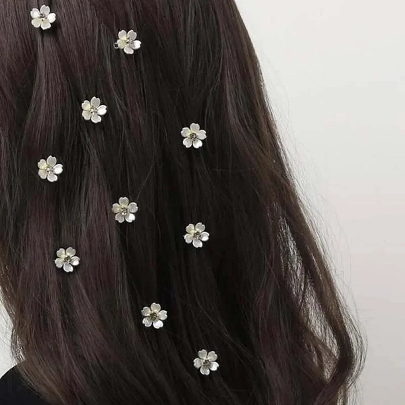 10Pcs Rhinestone Flower Decor Hair Ring for Women Sweet White Petal Hair Braid Rings Clips Hair Braiding Metal Cuffs Decorati