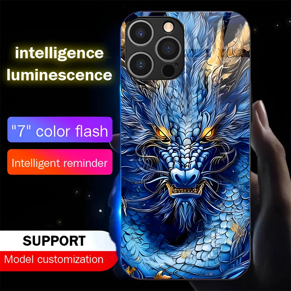 

Cool Dragon Fury Smart LED Light Glow Tempered Glass Phone Case For Samsung S25 S24 S23 S22 S21 S20 FE Plus Ultra