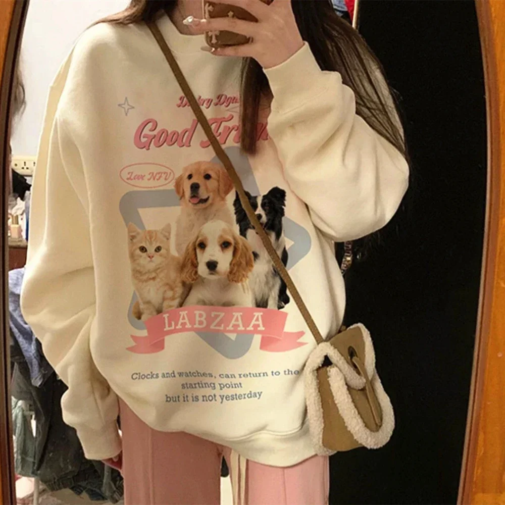 Harajuku Anime Cartoon Cat Graphic Kawaii Sweatshirt Youth Lady Lovely Hoodies Tops Loose Autumn Winter Clothes Korean Trendy