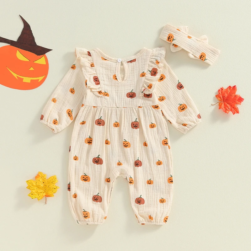 Suefunskry Baby Girl 2Pcs Fall Outfits Ruffle Long Sleeve Pumpkin Print Jumpsuit with Headband Set Newborn Clothes