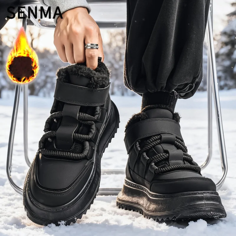 SENMA メンズ ハイカットシューズ 2025年新作 冬用 暖かい スポーツシューズ 厚底 滑り止め カジュアル ボードシューズ 耐摩耗性 ソフトレザー