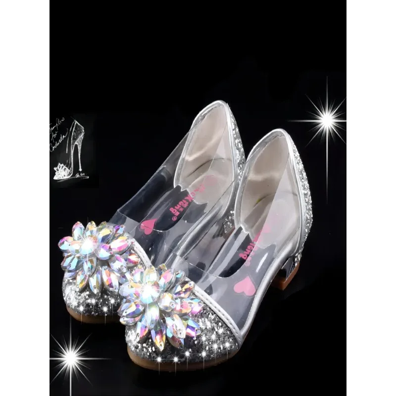 Fashion Cinderella Crystal Bright Diamond Shoes Girl Princess Single Shoes Girl Performance High Heels Shoes