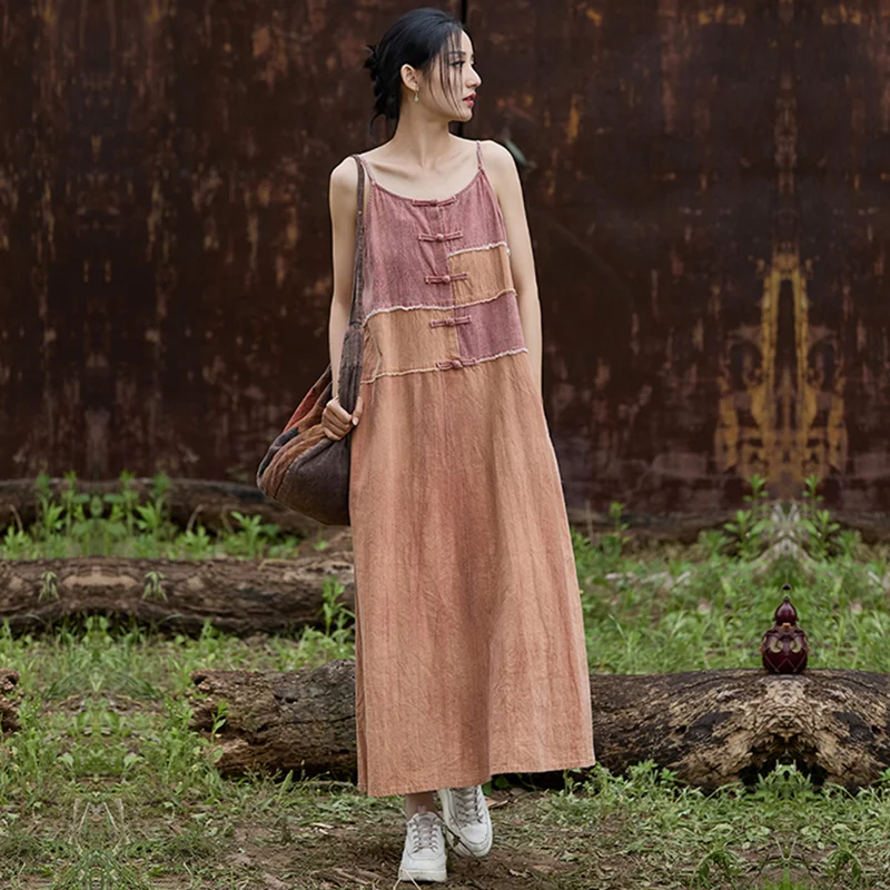 

Sleeveless Dress Long-Length Literature and Art Retro Spring Summer Cotton and Linen Loose Thin National Style