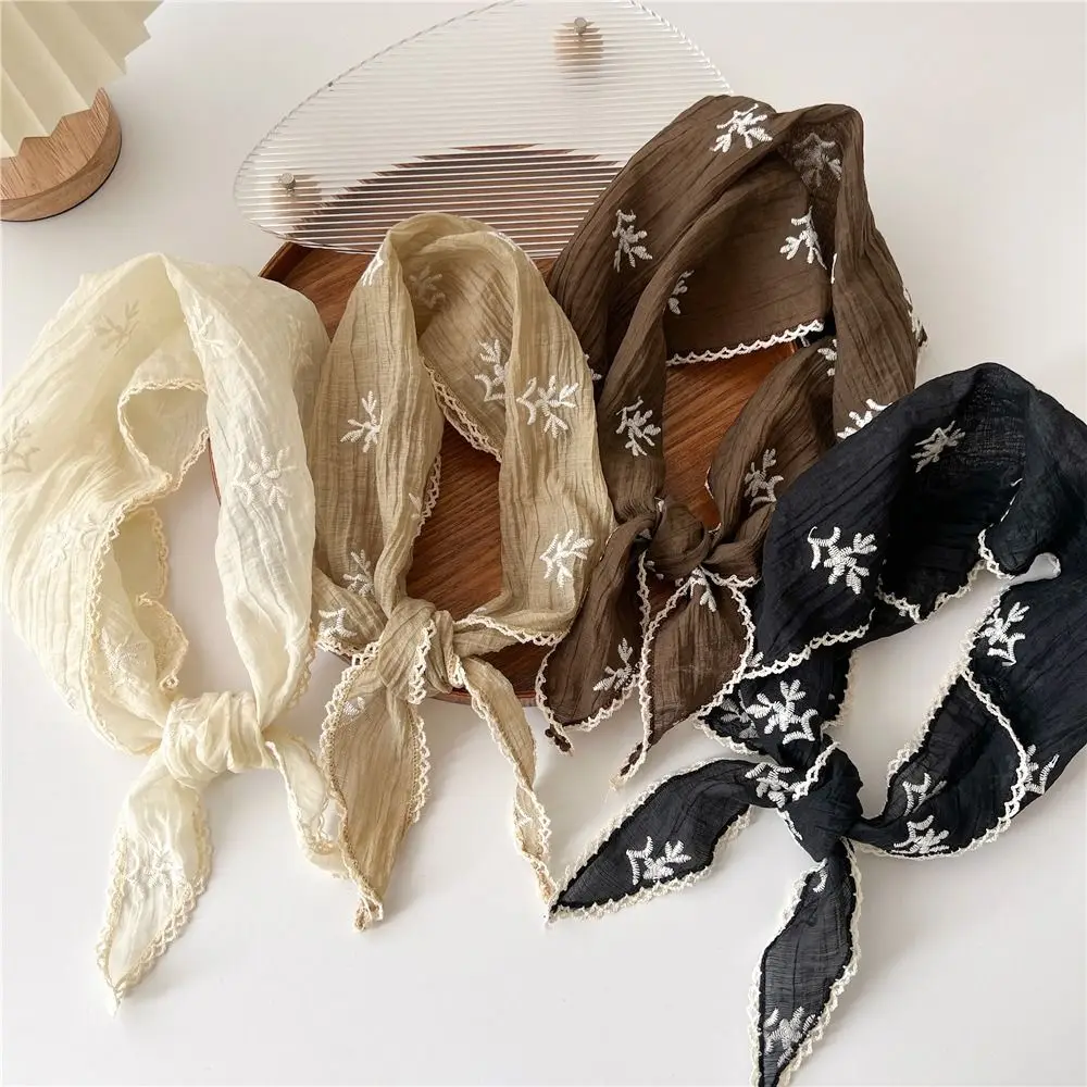 Fashion Pastoral Style Floral Lace Hair Scarf Sweet Triangle Cotton Linen Hair Band Headband Soft Wrap Bohemia Bandana Beach