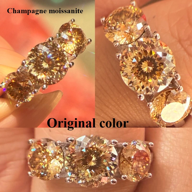 4 carat champagne moissanite Portuguese cut vvs1 3 stones ring Womens Ring Simple Style 925 Sterling Silver Fashion Jewelry Gift