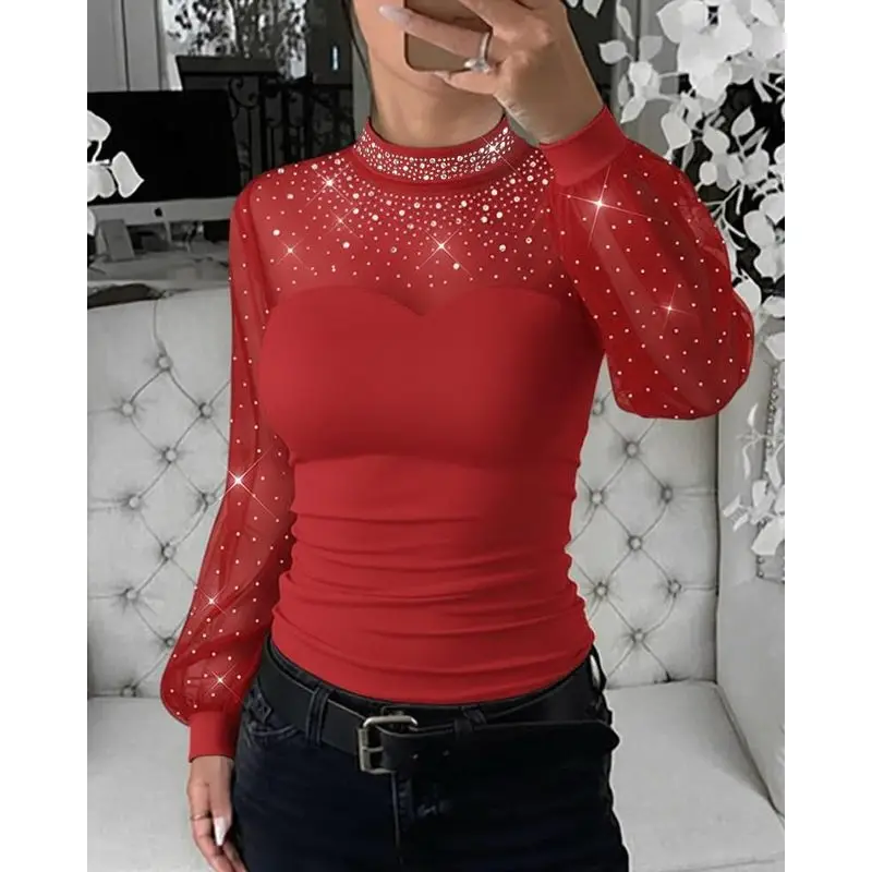 Womens Sheer Mesh Spliced Top Mock Neck Sleeve Hollow-Back Tee Elegant Night Out Blouse