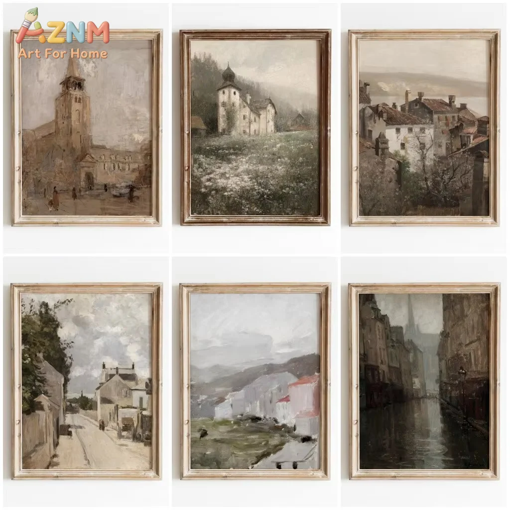 1 Stück, Vintage Abstrakte Landschafts-Wandkunst, Retro-Architektur-Poster, Europäisches Dorf-Ölgemälde, Leinwanddruck für Zuhause