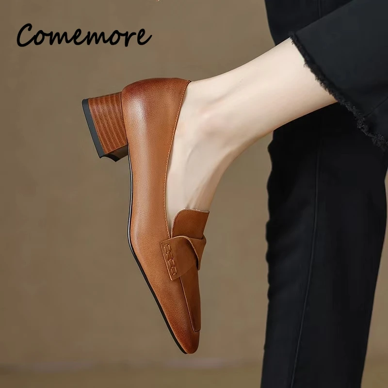 Comemore Pleated Slip on Mid Heels Office Ladies Shoe Chunky Heel Women Square Toe Shoes for Woman Women\'s Autumn 2023 Pumps 34