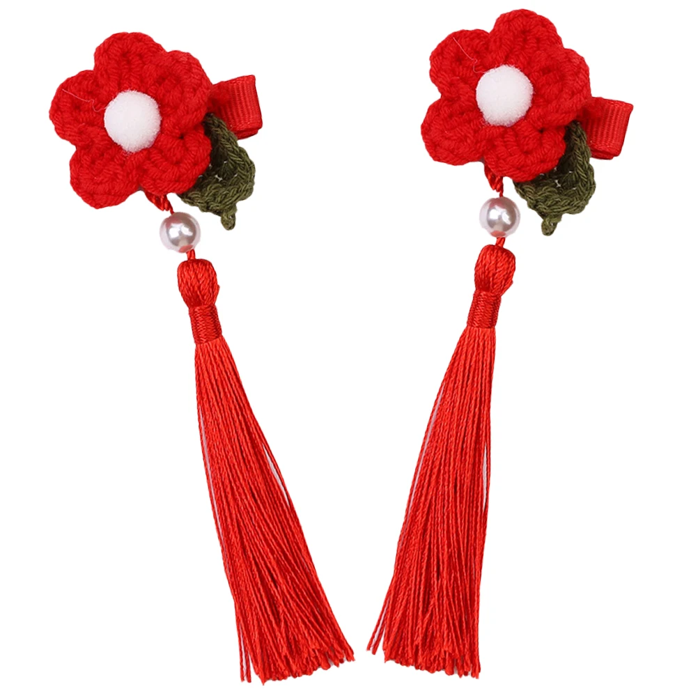 

1Pair Tassel Flowers Barrettes Wool Chinese New Year Hair Accessories For Children Flower Shape Traditional Design
