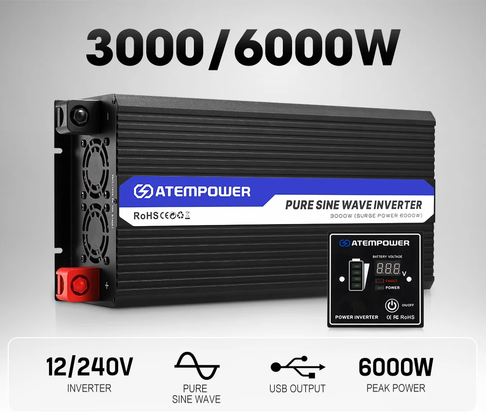 ATEM POWER 12V 24V 48V To 110V 220V 1500w 3000w Pure Sine Wave Inverters Multiple Voltage Dc To Ac Power Car Inverter