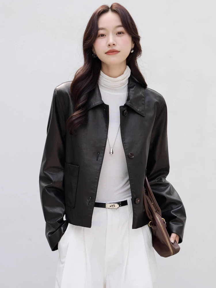 Slim Short Genuine Leather Motorcycle Jacket for Women Spring Autumn 2025 New High-end Simple Oil Wax Real Goatskin Leather Coat