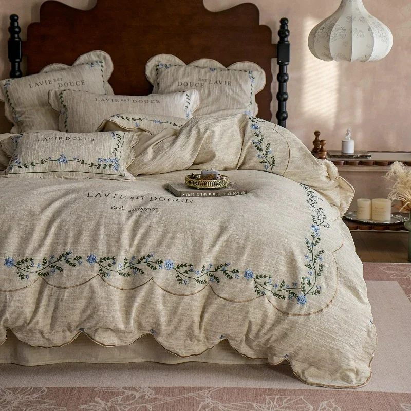 Bedroom High-end Retro Orchid Embroidery Cotton Linen Four Piece Set Linen Bed Sheets and Duvet Covers Bedding