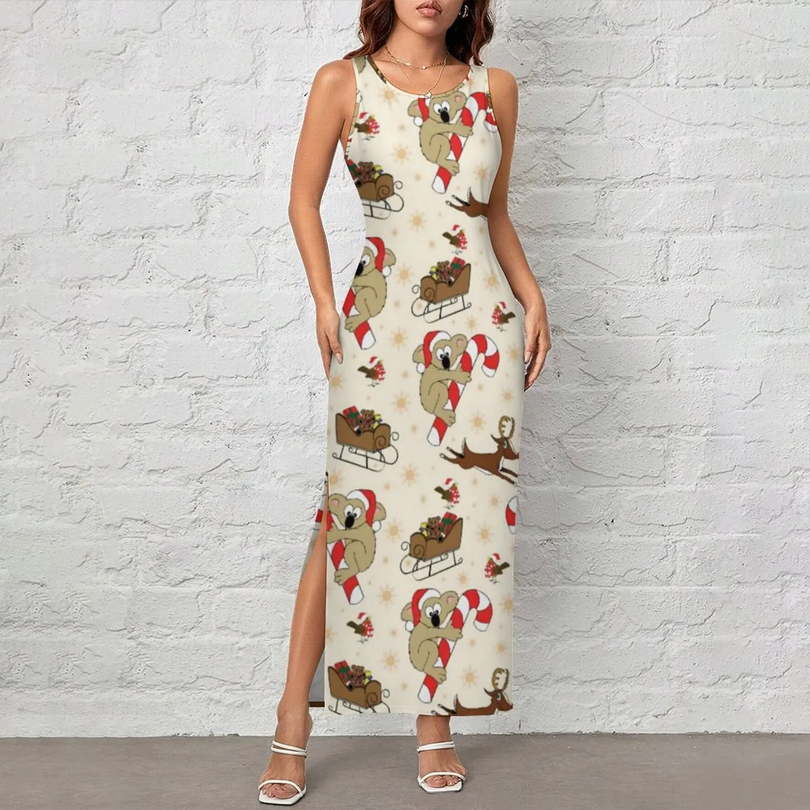Ladies Bodycon Dress Vintage Cute Santa Sloths Maxi Dresses Spring Happy Holidays Sleeveless Street Wear Custom Dress Large Size